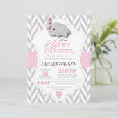 Roze, Witte Grijze Olifant 🐘 Baby Shower Kaart (Staand voorkant)
