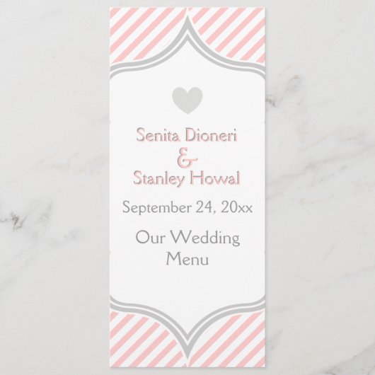 Roze, witte, grijze strepen trouwkaart menu (Voorkant)