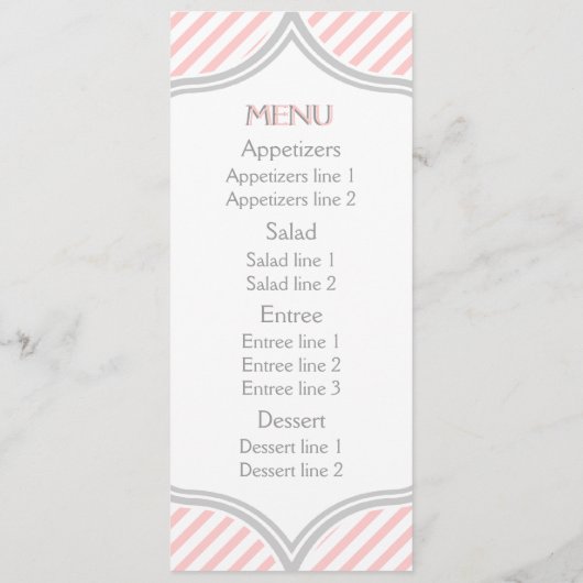 Roze, witte, grijze strepen trouwkaart menu (Achterkant)