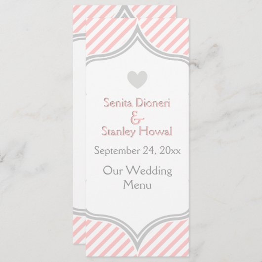 Roze, witte, grijze strepen trouwkaart menu (Voorkant / Achterkant)