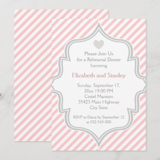 Roze, witte, grijze strepen trouwrepetitie Dinner Kaart (Voorkant / Achterkant)