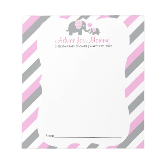 Roze, witte grijze stripe olifant - advies notitieblok (Voorkant)