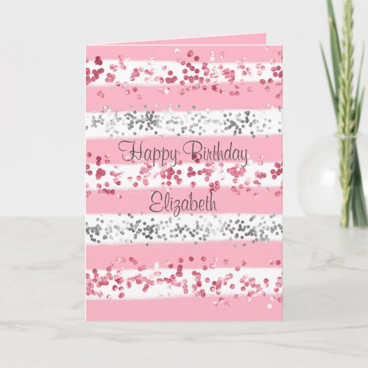 Roze witte grijze zilver Glitter Birthday Card Kaart (Voorkant)