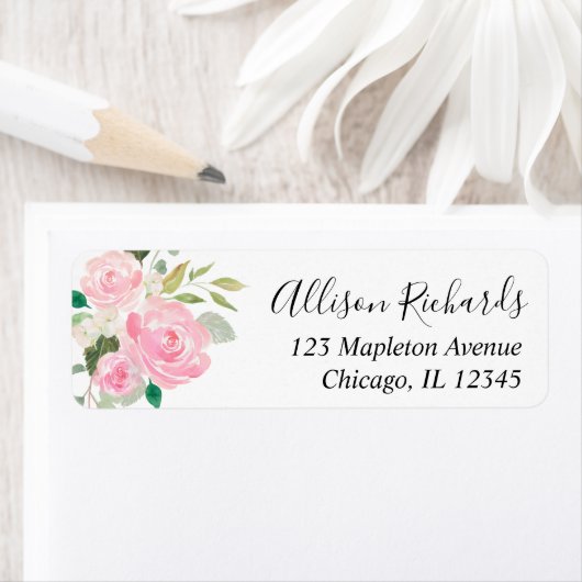 Roze witte groene bloemen watercolors etiket (Insitu)