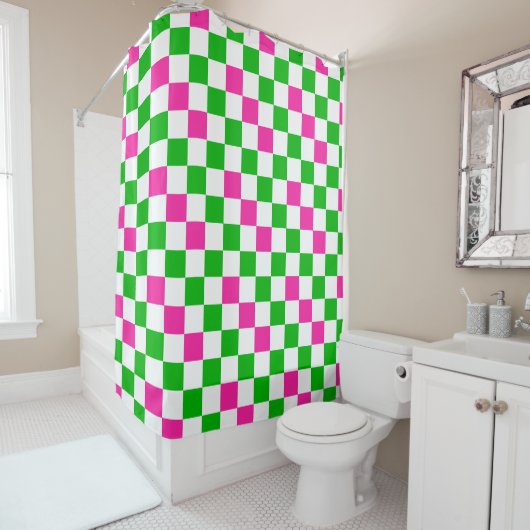 Roze Witte Groene Geruite Ontwerp Douchegordijn (In situ)