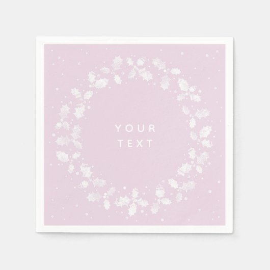 Roze + witte handdruk Holly Wreated Kerstmis Servet (Voorkant)