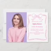 Roze witte handgetekende strik foto roze verjaarda kaart (Voorkant)