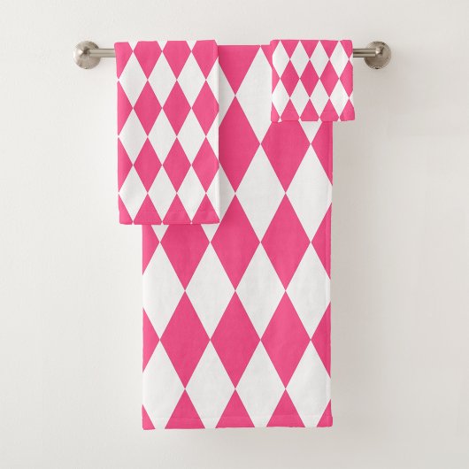 Roze Witte Harlequin Diamonds Checkers Ontwerp Bad Handdoek