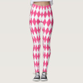 Roze Witte Harlequin Diamonds Checkers Ontwerp Leggings (Voorkant)