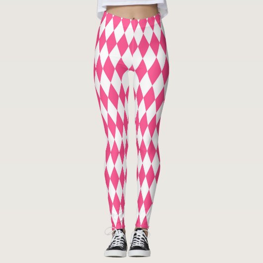 Roze Witte Harlequin Diamonds Checkers Ontwerp Leggings (Voorkant)