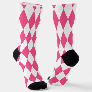 Roze Witte Harlequin Diamonds Checkers Ontwerp Sokken