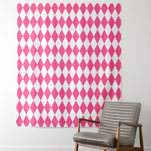 Roze Witte Harlequin Diamonds Checkers Ontwerp Wandkleed