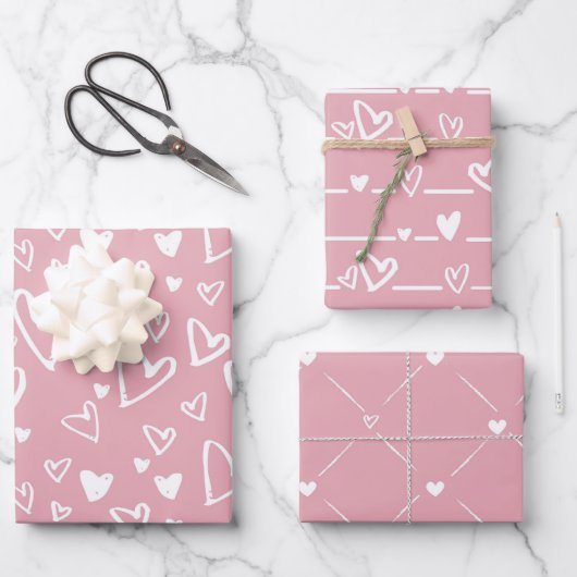 Roze Witte Hart Inpakpapier Vel (Voorkant)