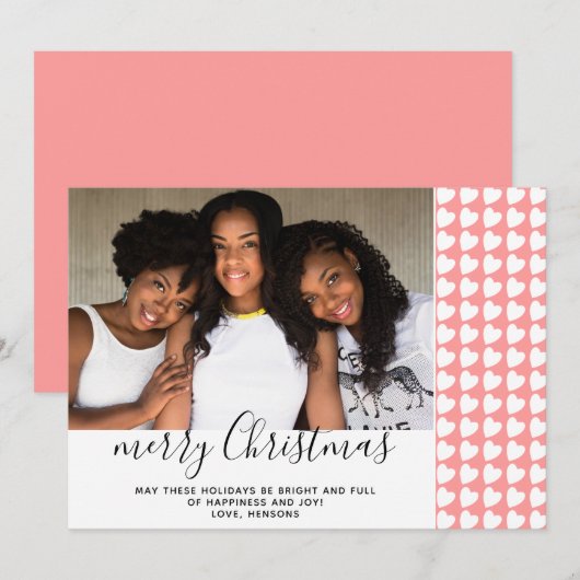 Roze Witte Hart Prettig Kerstmis Fotokaart (Voorkant / Achterkant)