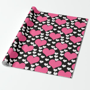 Roze witte harten op zwart cadeaupapier