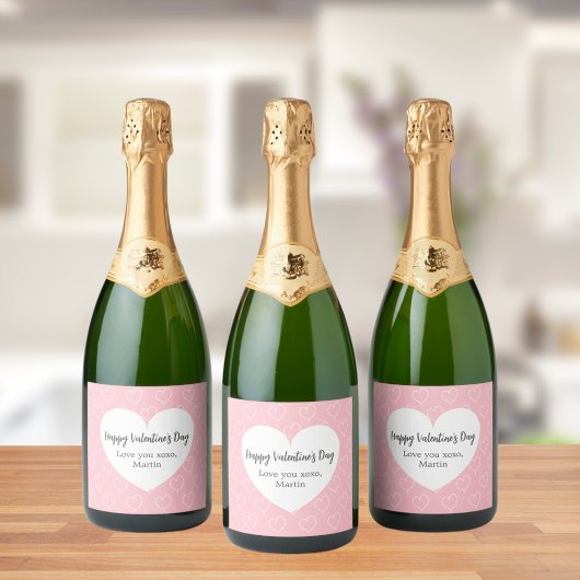 Roze witte hartjes Valentijnsdag Sparkling Wijnetiket