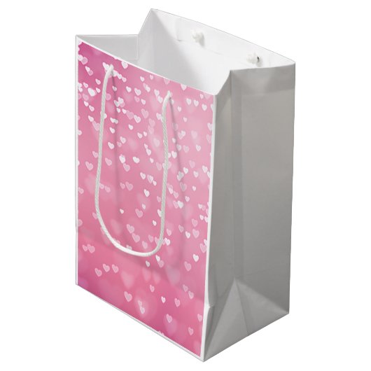 Roze Witte Hartjes Verjaardag Medium Cadeauzakje (Voorkant Gekanteld)