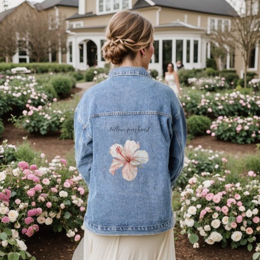 Roze Witte Hibiscus Bloem Denim Jacket (Huwelijk Achterkant)