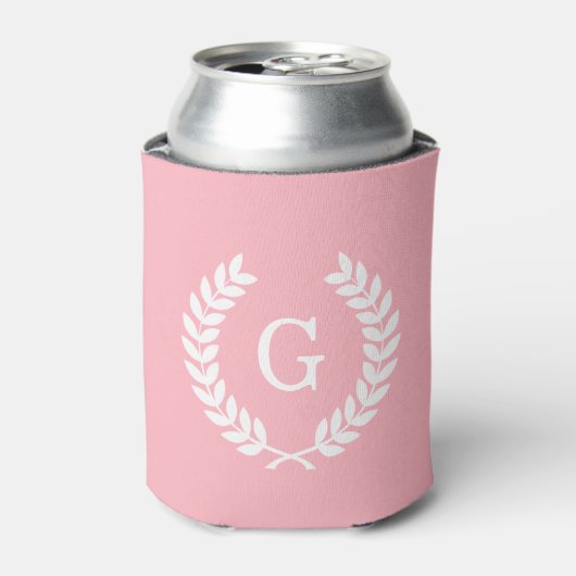 Roze witte hitte Laurel Wreated Initiaal Monogram Blikjeskoeler (Blikje Voorkant)