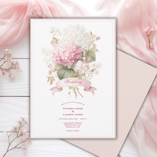 Roze Witte Hortensia Bloemen Bruiloft Uitnodiging