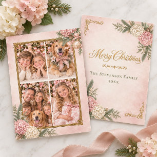Roze & Witte Hortensia Erfgoed Foto Kerstmis Feestdagenkaart