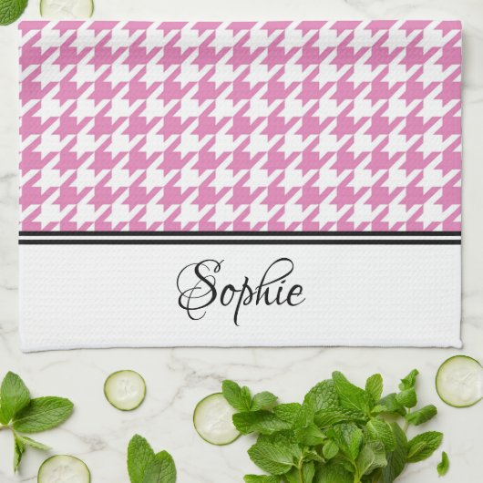 Roze & Witte Houndstooth Gepersonaliseerd Theedoek (Gevouwen)