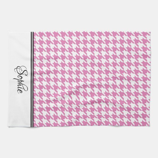 Roze & Witte Houndstooth Gepersonaliseerd Theedoek (Horizontaal)