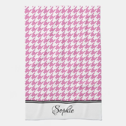 Roze & Witte Houndstooth Gepersonaliseerd Theedoek (Verticaal)