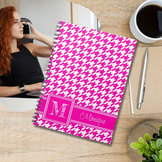 Roze Witte Houndstooth | Modern monogram Notitieboek