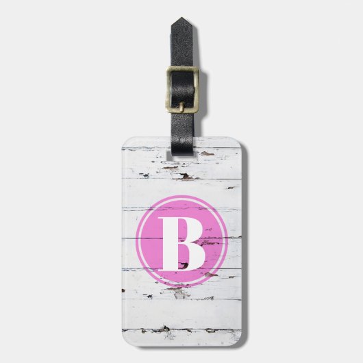  roze witte houtkorrelroze monogram bagagelabel (Voorkant verticaal)