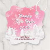 Roze Witte Huis Snowflakes Nieuwjaar Bedankjes Labels (Achterkant)