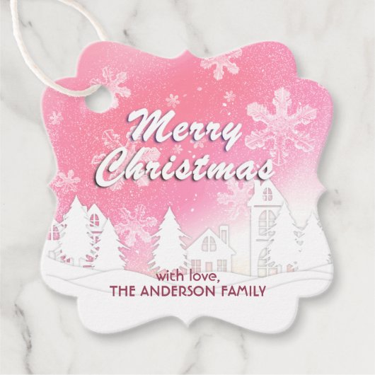 Roze Witte Huis Snowflakes Nieuwjaar Bedankjes Labels (Voorkant)