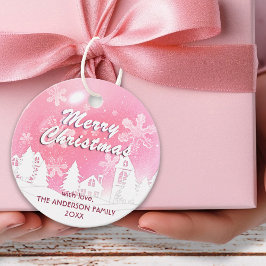 Roze Witte Huis Snowflakes Nieuwjaar Bedankjes Labels
