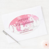 Roze Witte Huis Snowflakes Nieuwjaar Ovale Sticker (Envelop)