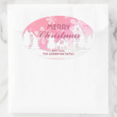 Roze Witte Huis Snowflakes Nieuwjaar Ovale Sticker (Tas)