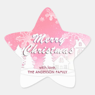 Roze Witte Huis Snowflakes Nieuwjaar Ster Sticker