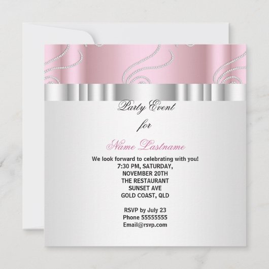 Roze witte juweldiamanten Zilver Birthday Party Kaart (Achterkant)