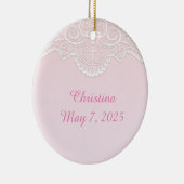 Roze, witte kant, religieus keramisch ornament (Rechts)
