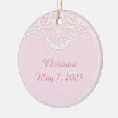 Roze, witte kant, religieus keramisch ornament (Links)