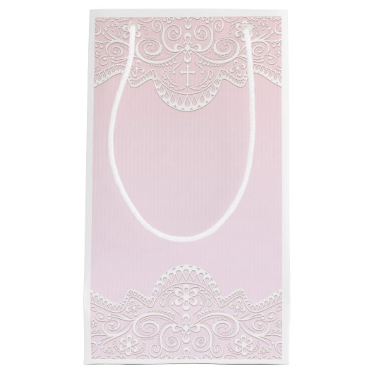 Roze, witte kant, religieus klein cadeauzakje (Voorkant)