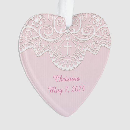 Roze, witte kant, religieus ornament (voorkant)