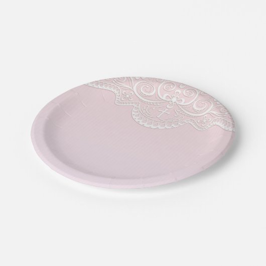 Roze, witte kant, religieus papieren bordje (Gekanteld)