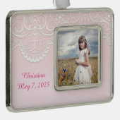 Roze, witte kant, religieus verzilverd omlijst ornament (Rechts)