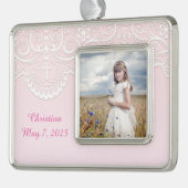 Roze, witte kant, religieus verzilverd omlijst ornament (Links)