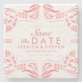 Roze & Witte Kant Save The Date Sticker 2 Stenen Onderzetter (Voorkant)