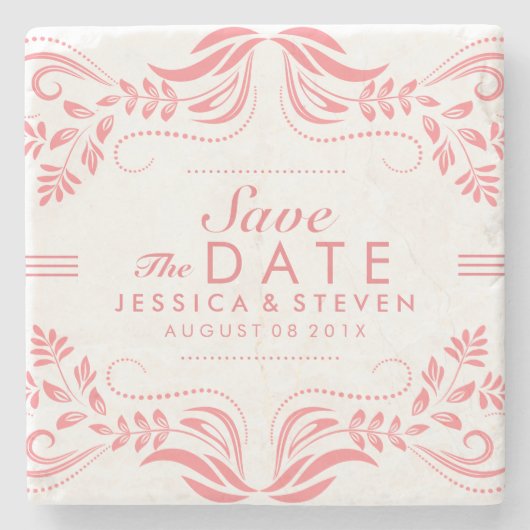 Roze & Witte Kant Save The Date Sticker 2 Stenen Onderzetter (Voorkant)