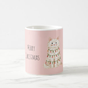 Roze Witte Kat Kerstboomverlichting Koffiemok
