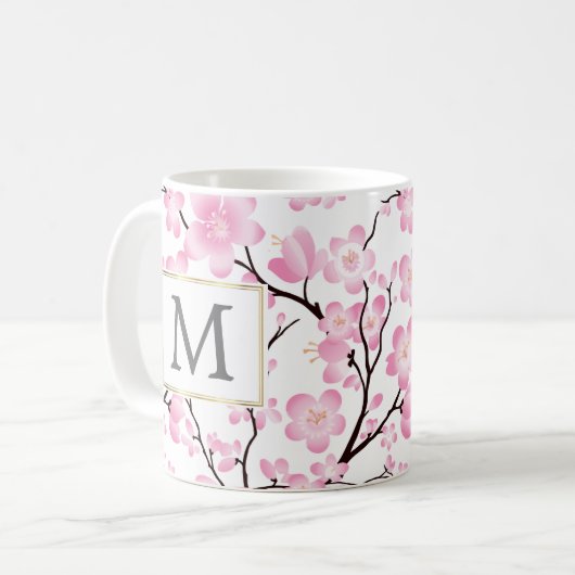 roze witte kerry bloesem initiaal aanpasbare mok (Voorkant links)