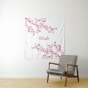 Roze witte kers bloesem monogram wandkleed