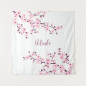 Roze witte kers bloesem monogram wandkleed (Voorkant)